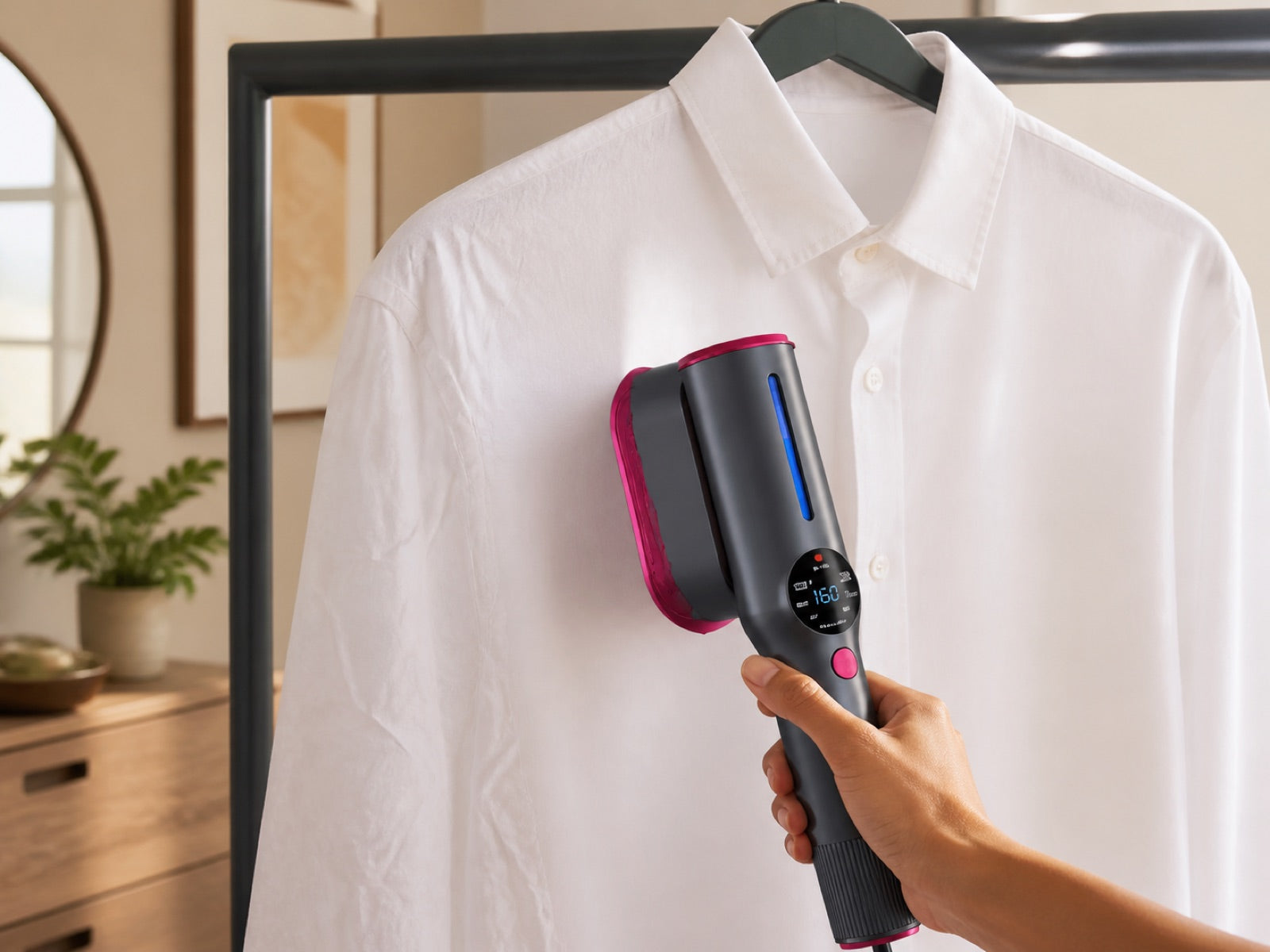 MSTEAMER smoothing a white button-down shirt